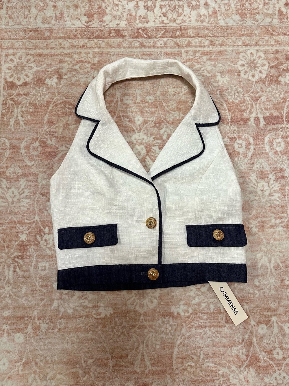 NWT ⚜️ Commense Tweed & Denim Cropped Halter Top - Picture 4 of 13